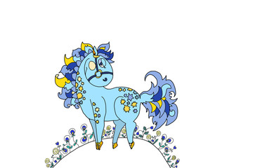 blue horse on a summer meadow