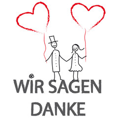 Wir sagen Danke! Hochzeitspaar mit Herzluftballons heiraten und sind glücklich