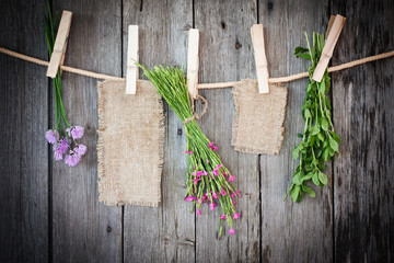 medicine herbs and paper attach to rope with clothes pins