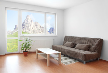 Living room interior with beautiful mountain view.