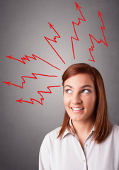 Young woman thinking with arrows overhead