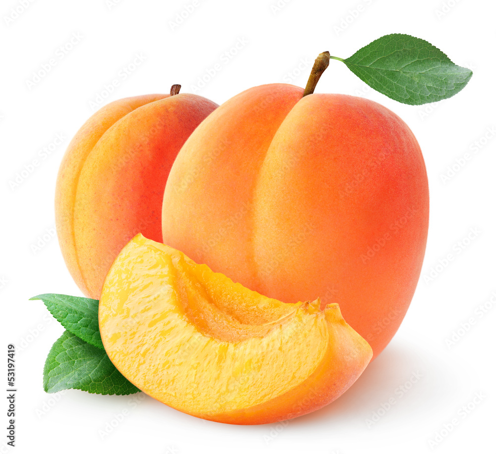 Wall mural isolated apricots. two fresh apricot fruits isolated on white background