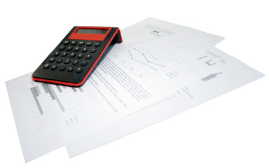 calculator and business papers on a white background
