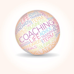 Coaching concept related words in sphere tag cloud isolated