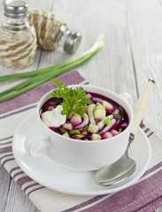 Beetroot soup with squid, cucumber and apple