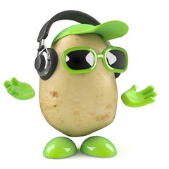3d Potato man hangs out with his headphones on