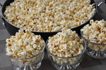 Freshly cooked popcorn in bowls