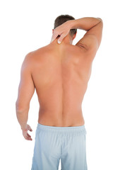 Fototapeta premium Man wearing shorts having a neck ache