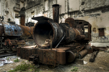 Wreck of communist locomotive in Havana, Cuba