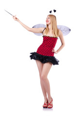 Woman in bee costume isolated on white