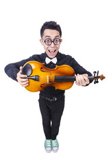 Funny man with violin on white