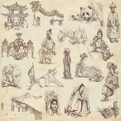 Fototapeta na wymiar Chinese collection - full sized hand drawings on old paper