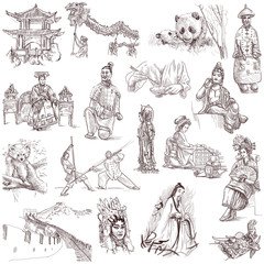 Fototapeta na wymiar Chinese collection - full sized hand drawings on white