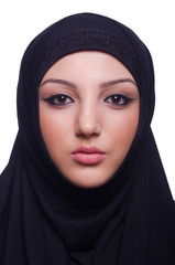 Naklejka premium Muslim young woman wearing hijab on white