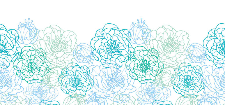 Vector blue line art flowers elegant horizontal seamless pattern