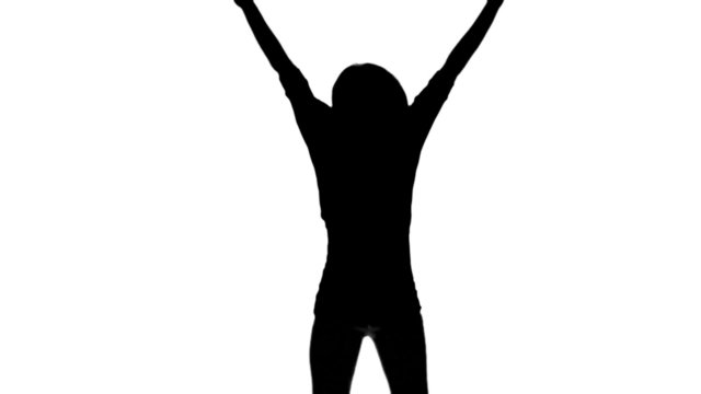 Silhouette of a woman raising her arms on white background