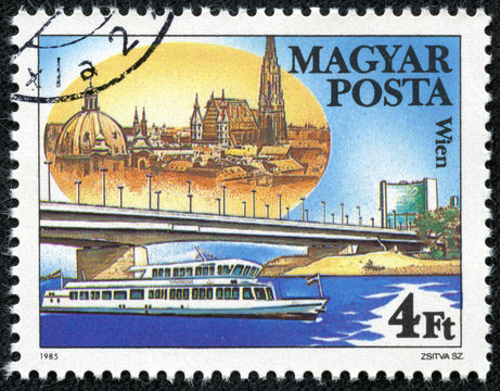 stamp printed by Hungary, shows Arpad Bridge in Budapest