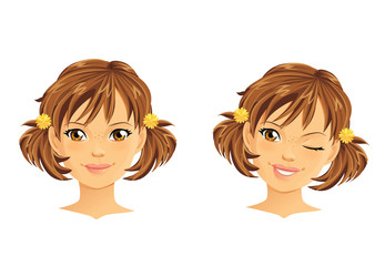 Cute girl with two ponytails winking and smiling