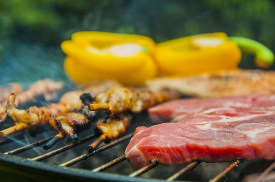 Hot grilled meat and vegetables on green background