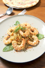 Pasta with tomato sauce, shrimp
