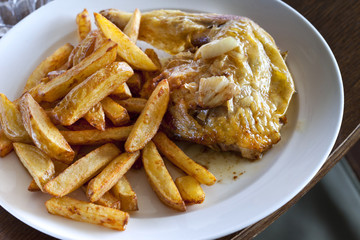Poulet, frites, assiette, fast food, viande, pommes de terre