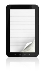 Tablet computer with notebook pages on white background