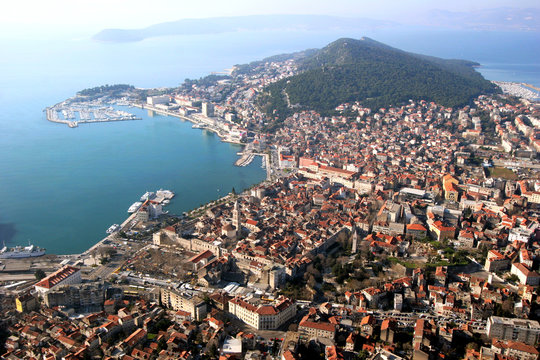 Aerial view, Split with Diocletian palace and Marjan peninsula