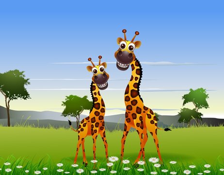 cute giraffe cartoon with landscape background