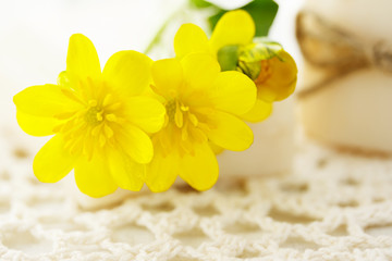 Fototapeta na wymiar Yellow flowers with bars of soap