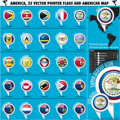America Pointer Flag Icons with american Map set2