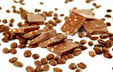 sweet chocolate candies and coffee beans