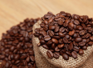 coffee beans in a burlap bag