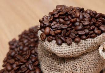 coffee beans in a burlap bag