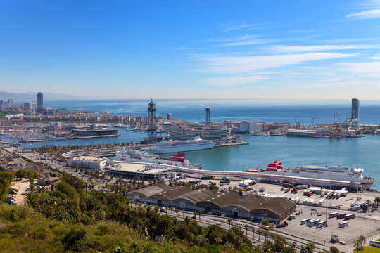 Spain. Barcelona. The top view on seaport...