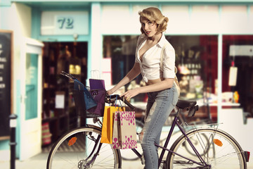 vintage sexy girl shopping with bicycle
