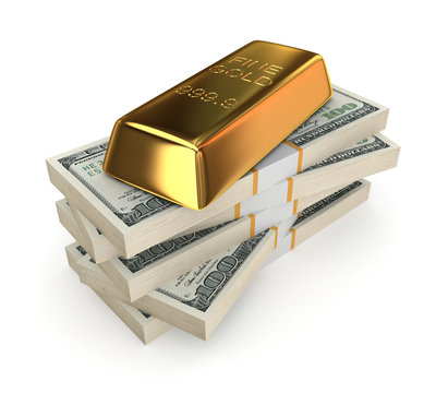Goldbar on a stack of dollars.