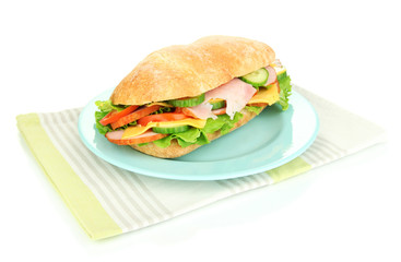 Fresh and tasty sandwich with ham and vegetables isolated