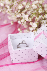 engagement ring on pink cloth