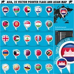 Asia Map and flags Pointer Icons set2