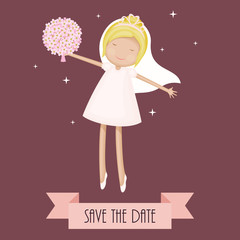 Funny cartoon bride dancing with flowers. Save the date card