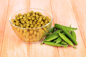 Green peas on wooden background