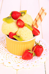 Delicious  ice cream with fruits and berries in bowl
