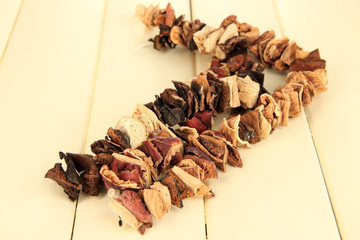 Dried mushrooms on wooden background