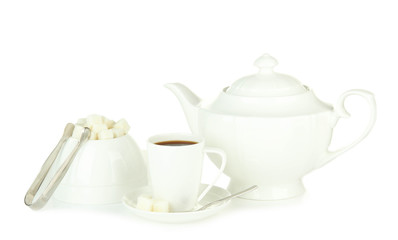 Cup of coffee,sugar-bowl and teapot isolated on white