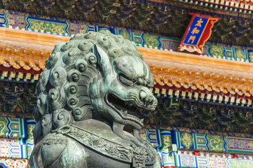 The bronze lion in front of Taihe Hall of Forbidden City