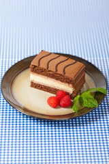 Chocolate Fudge Stripe 3 Layer Cake with Raspberry