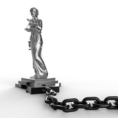 Themis statue and handcuffs over white background