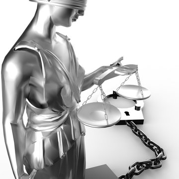Themis statue and handcuffs over white background