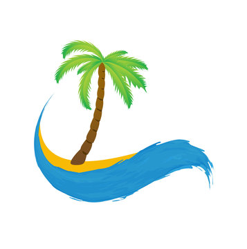 Tropical palm on island with sea. Vector icon.