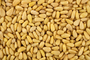 Closeup of shelled raw pine nuts